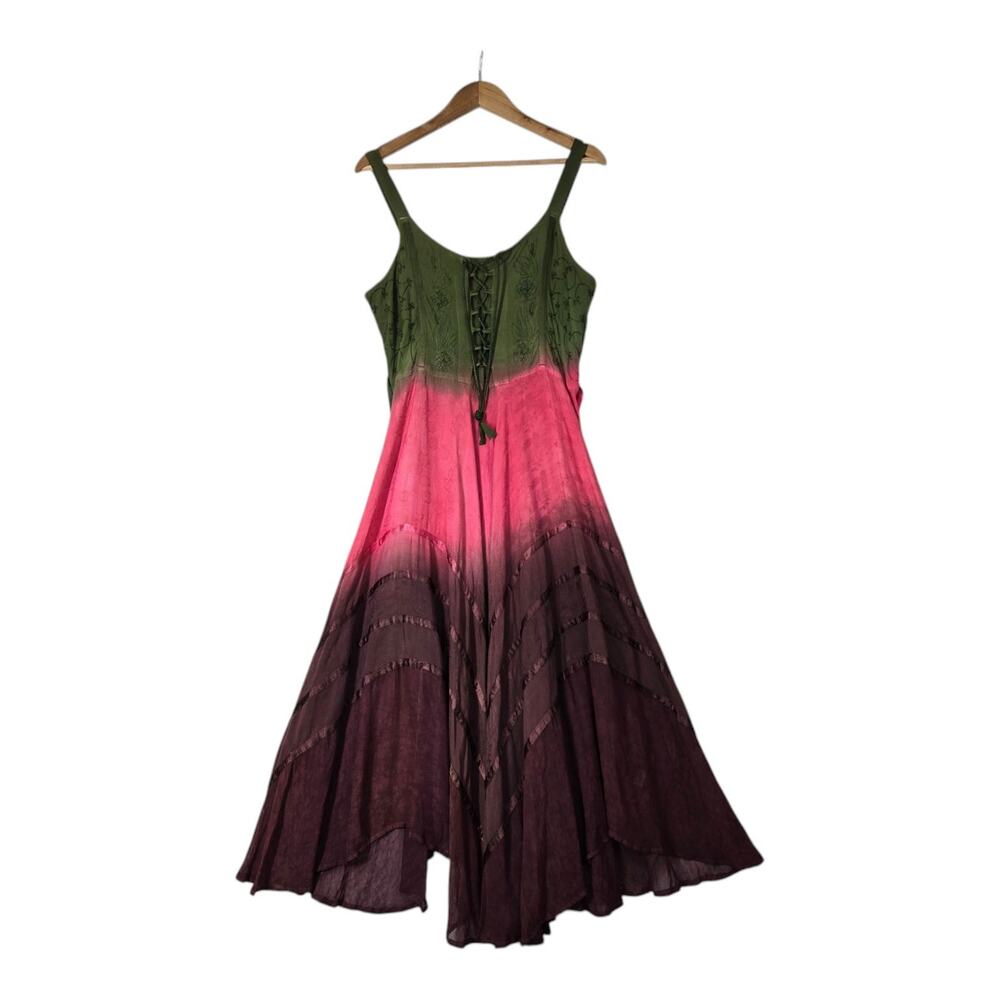 Sapogee Boho Embroidered Ombre Midi Dress sz S* Festival Fairy Hanky Hem READ